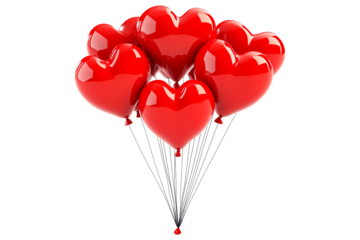 A cluster of shiny red heart-shaped balloons floating against white transparent background, symbolizing love and celebration of Valentine Day