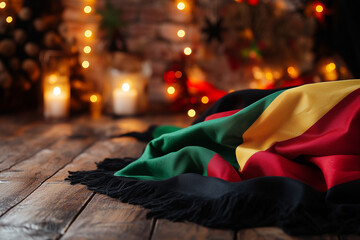 Zimbabwe flag on rustic wooden table with warm festive lights