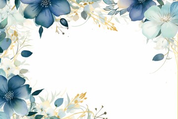 Green and light navy colors watercolor floral square frame on white background.