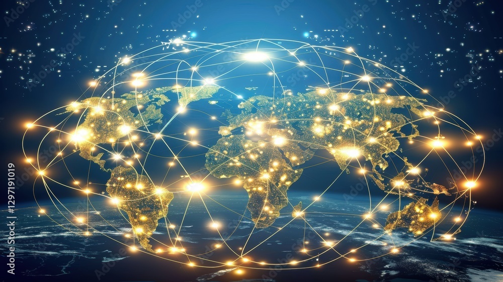 Poster futuristic global payment network with digital nodes on a 3d globe - blue and gold design