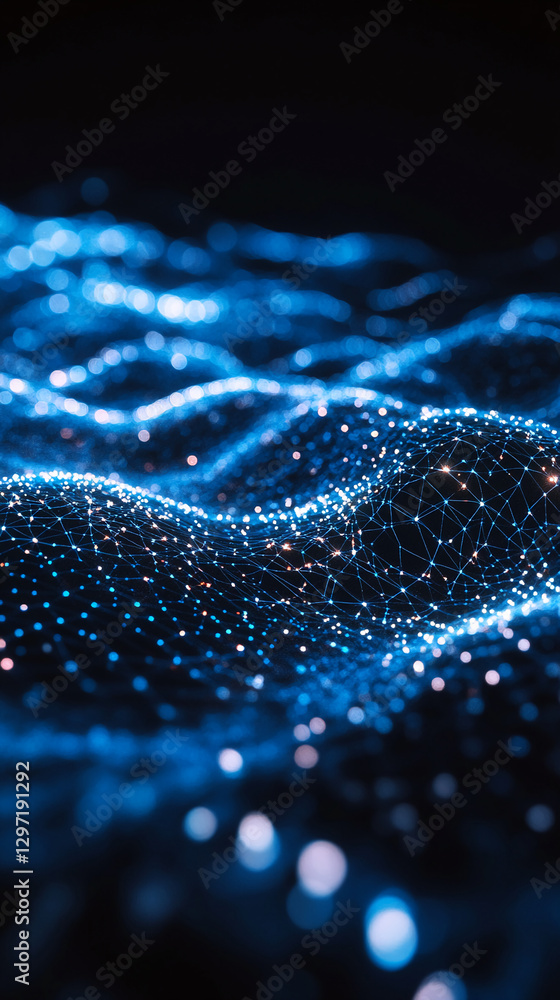 Aufkleber close-up of glowing neon blue and orange lines, creating a digital wave pattern, representing a futu