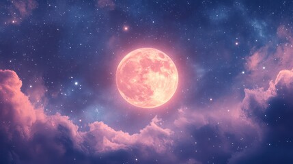 A Glowing Pink Moon Shines Amidst The Cloudy Night Sky