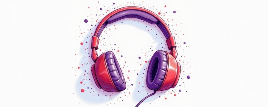 Vibrant red and purple headphones adorned with colorful splashes, perfect for music lovers, branding, and modern design projects.