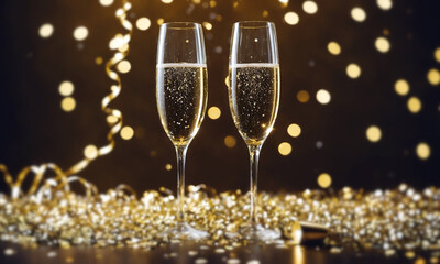two full champagne glasses stand on the table with glittering golden confetti, as a New Year's Eve background, elegant luxurious, New Year and New Year's Eve, alcoholic beverages champagne