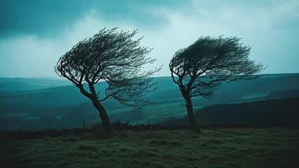 Trees bending under strong winds in a stormy landscape at dusk