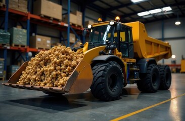 Forklift against the background of a warehouse with shelves and pallets