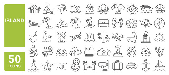 Set of 50 line icons related to island, summer, palm, beach, sea, travel, holiday, landscape, waterfall, nautical, luxury, tourism, resort, Editable stroke. Vector illustration