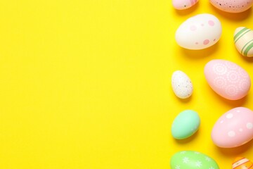 Happy Easter. Colorful eggs on color background, space for text or advertising