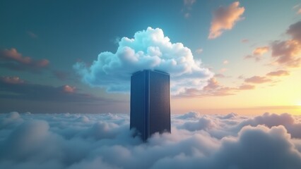 Single server tower showcases cloud computing and ai in the cloud, underscoring distributed systems through a faint cloud overlay.