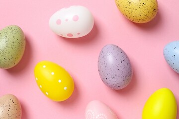 Happy Easter. Colorful eggs on color background, space for text or advertising
