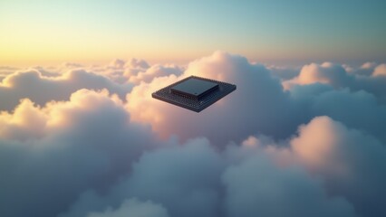 Single microchip floats amid faint cloud edges, illustrating ai in the cloud and distributed systems for advanced cloud computing power.