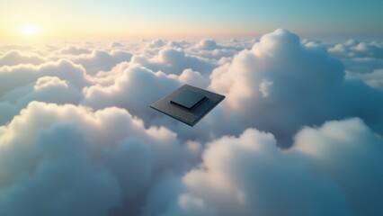 Suspended chip with soft cloud outlines signifies seamless distributed systems, powered by ai in the cloud for modern computing efficiency.