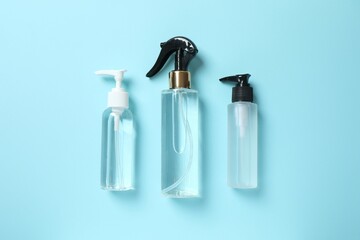 Natural cosmetic products a blue background, top view