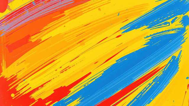 Vibrant abstract art with bold strokes of red, yellow, and blue colors creating a lively and energetic visual experience in a contemporary setting. Generative AI
