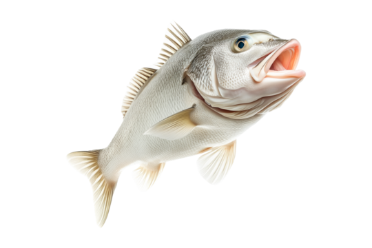 White fish with cod detailed scales, open mouth, and fins isolated on white transparent background, concept of marine wildlife.