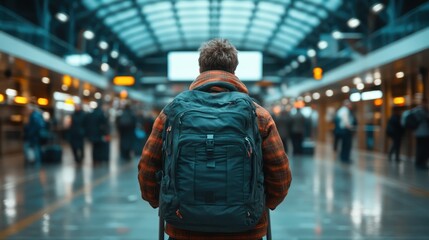 A lone traveler stands at the airport terminal, gazing into the distance as people bustle around, symbolizing the journey and anticipation of travel ahead.