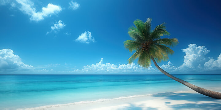 Summer background beautiful beach aqua sea blue sky coconut palm trees white sand. Landscape panorama summer spring travel holiday season.