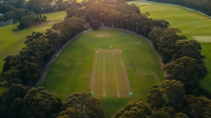 Modern cricket practice facility with synthetic pitches surrounded by vibrant greenery and trees