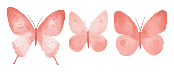 Elegant Watercolor Illustration of Three Pink Butterflies with Unique Wing Patterns on a White Background