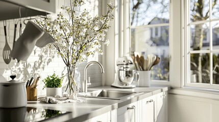 A bright and airy modern kitchen interior with natural daylight coming in