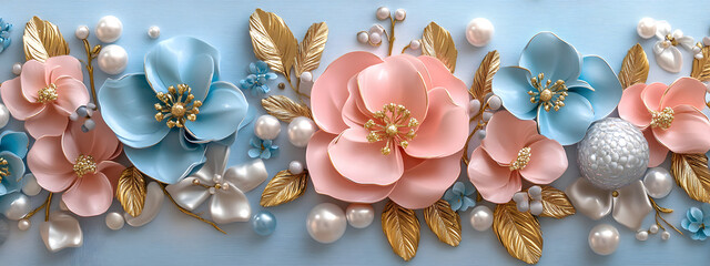 3D floral pattern with pink and blue flowers, pearls, and gold leaves. 
