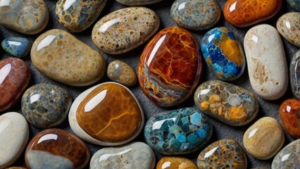 colorful stones on the beach, ethereal allure of a polished pebble accentuating its tactile intricacies