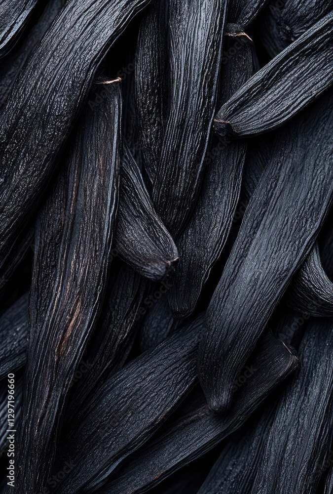 Poster rich and dark vanilla pods layered together, showcasing unique textures and forms for culinary and a