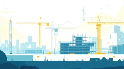 Obraz premium Cityscape Construction Site, Cranes, Buildings Under Construction, Illustration