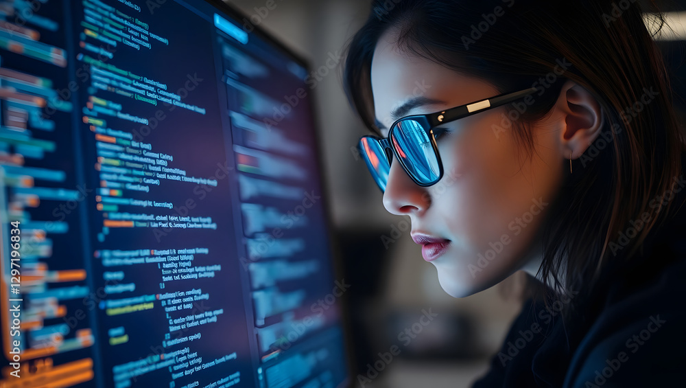 Poster a focused woman with eyeglasses intently examines the coding on a large computer screen, showing her