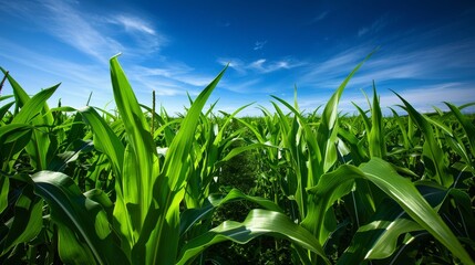 Obraz premium Lush green corn field under bright blue sky a summer landscape of agricultural growth and nature
