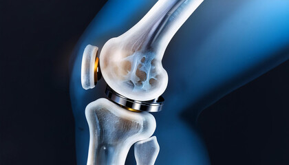 A knee joint replacement implant, showing the titanium and polyethylene components 