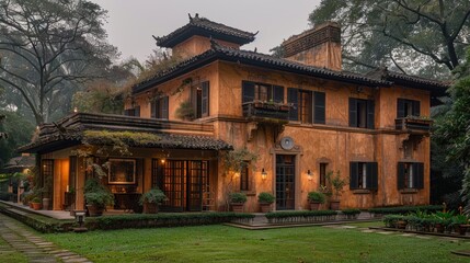 Obraz premium A large vintage style mansion with a large grassy lawn