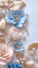 3D floral pattern with pink and blue flowers, pearls, and gold leaves. 
