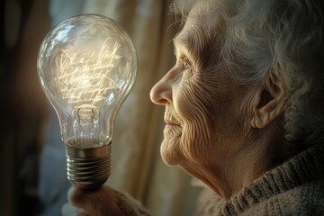 An elderly woman gazes at a glowing lightbulb filled with handwritten text, symbolizing memories and wisdom.