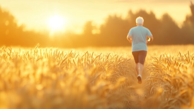 Senior man jogging in wheat field