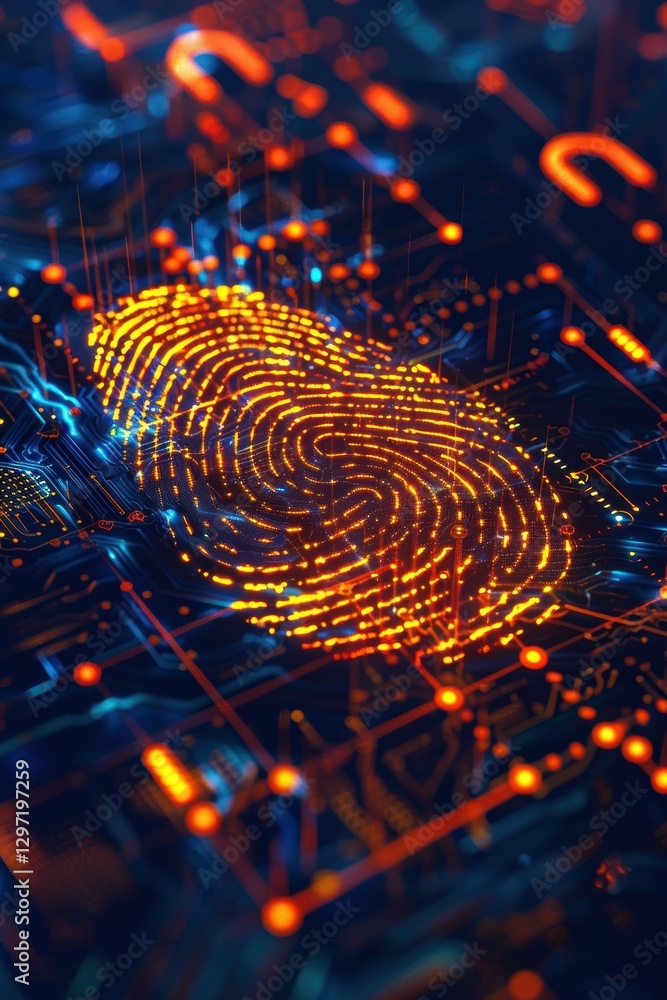 Poster biometric authentication concept with digital fingerprint and security locks for identity protection