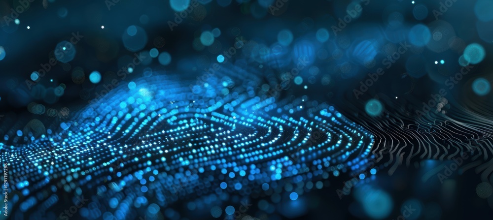 Poster advanced biometric cybersecurity: glowing blue digital fingerprint with particles and grid patterns