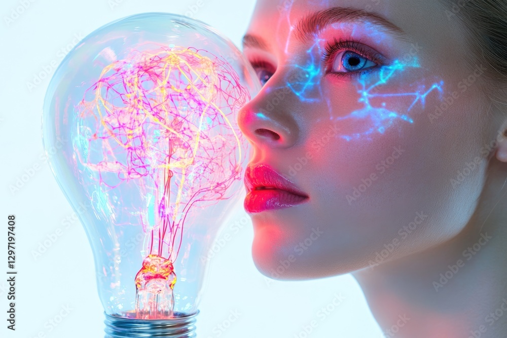 Aufkleber woman's face illuminated with vibrant light patterns resembling neural networks and a glowing lightb