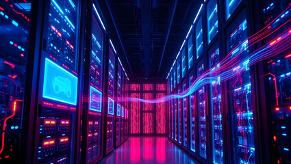 a futuristic server room with rows of glowing servers and digital data streams. The scene evokes a sense of technological advancement and data processing