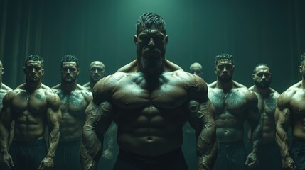 Fototapeta premium Powerful muscular man standing in the center, surrounded by a group of heavily built bodybuilders in a dramatic green-lit environment. 