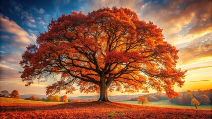 Fototapeta premium A majestic oak tree stands tall with a blanket of fallen dry leaves in shades of golden brown and crimson red, creating a picturesque autumn landscape , foliage, tree branches