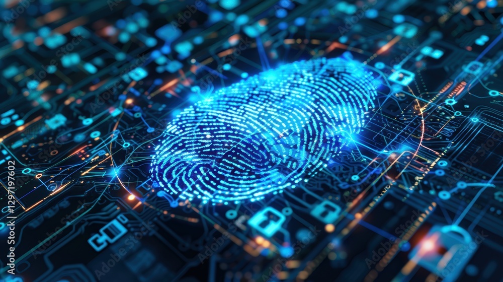 Poster advanced biometric cybersecurity concept with glowing blue fingerprint and encrypted patterns