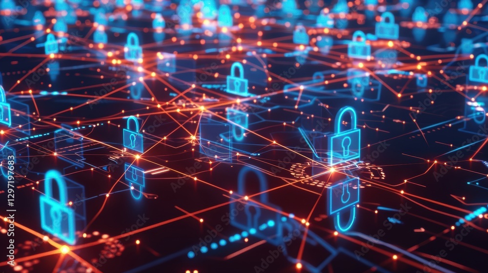 Poster futuristic cybersecurity network with digital shields and interconnected padlocks