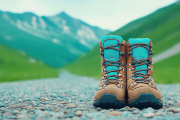 Naklejka premium Hiking boots standing on gravel road leading to majestic mountains