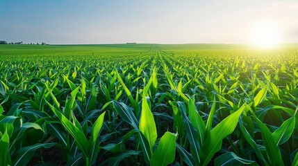 Lush green cornfield under a clear blue sky  a picture of summer s agricultural abundance