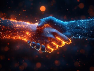 Futuristic handshake with glowing digital networks, symbolizing the connection between technology and humanity, artificial intelligence, and innovation in a cyber world
