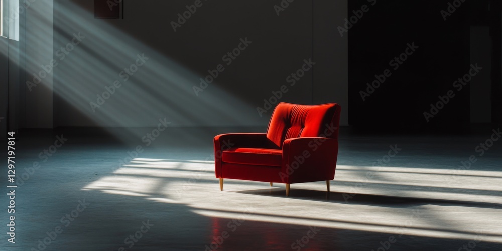 Aufkleber a striking red armchair sits alone in a spacious room. soft light streams through the windows, casti