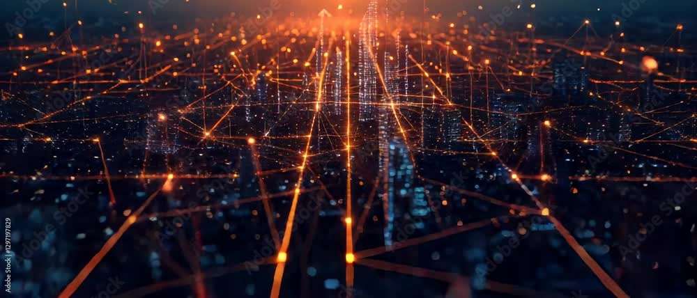 Wall mural network in smart city, aerial view of digital communication lines and abstract energy lights of mode