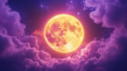 A glowing full moon with pink clouds in night sky