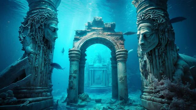 Ancient ruins underwater, old historic statues on sea ground, lost sunken city, concept of atlantis, water